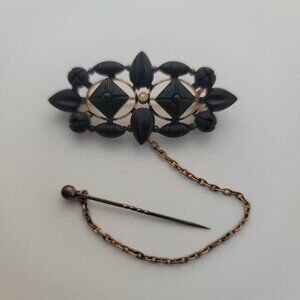 Antique Victorian Gold Filled, Jet & Seed Pearl Mourning Pin/Brooch